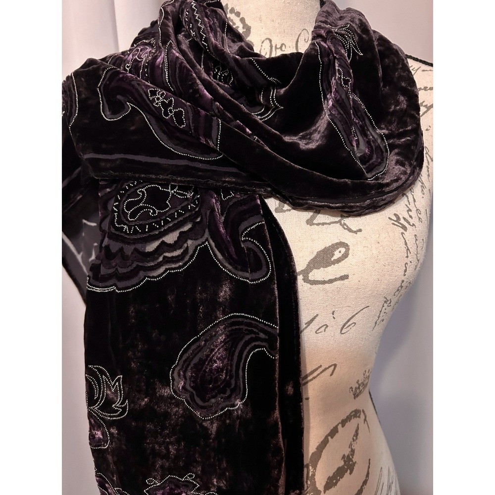 Nina Ricci Silk Purple Velvet Paisley Embellished Shawl Scarf Beaded Burnout
